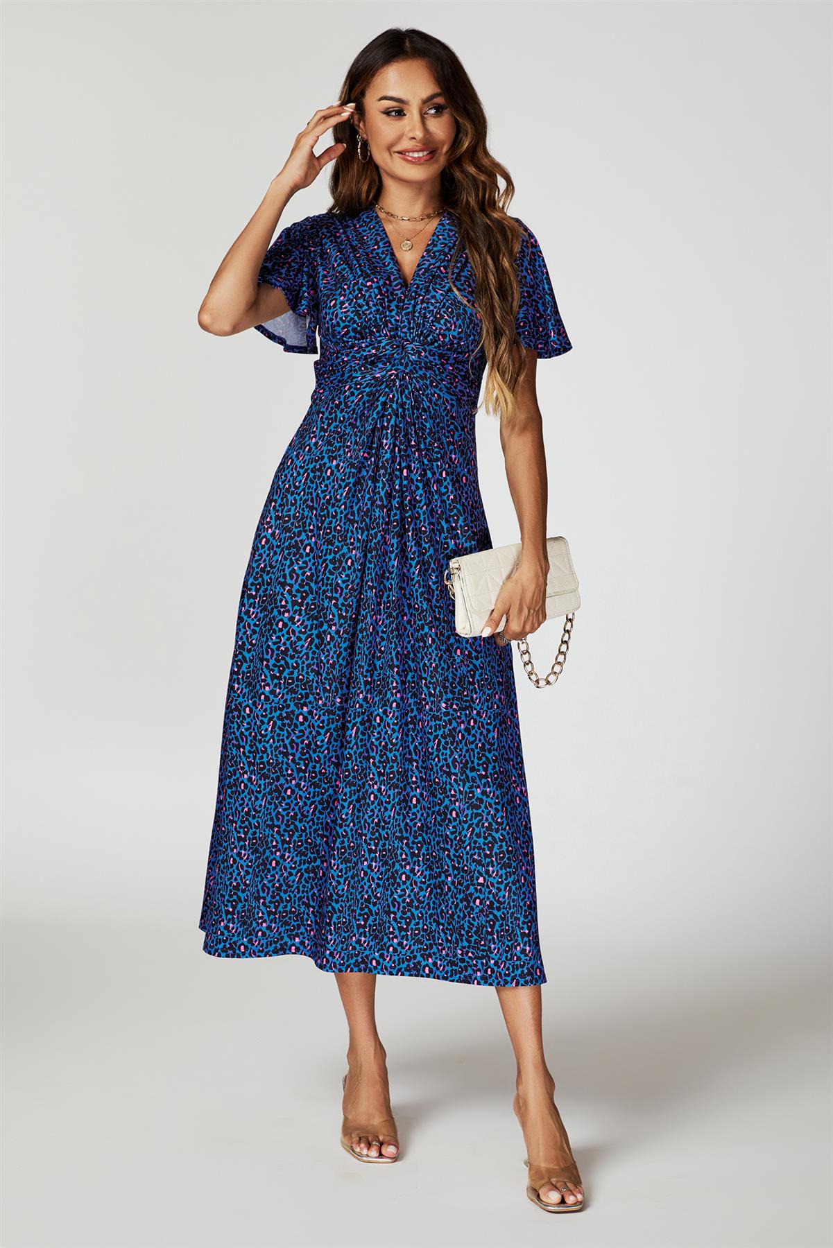 Animal Print Angel Sleeve Twist Midi Dress In Blue - AXON