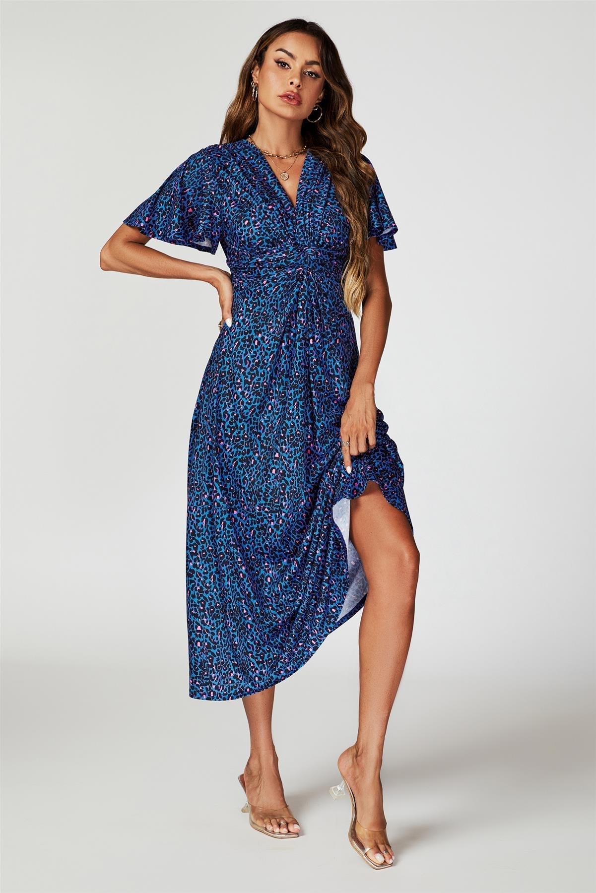 Animal Print Angel Sleeve Twist Midi Dress In Blue - AXON