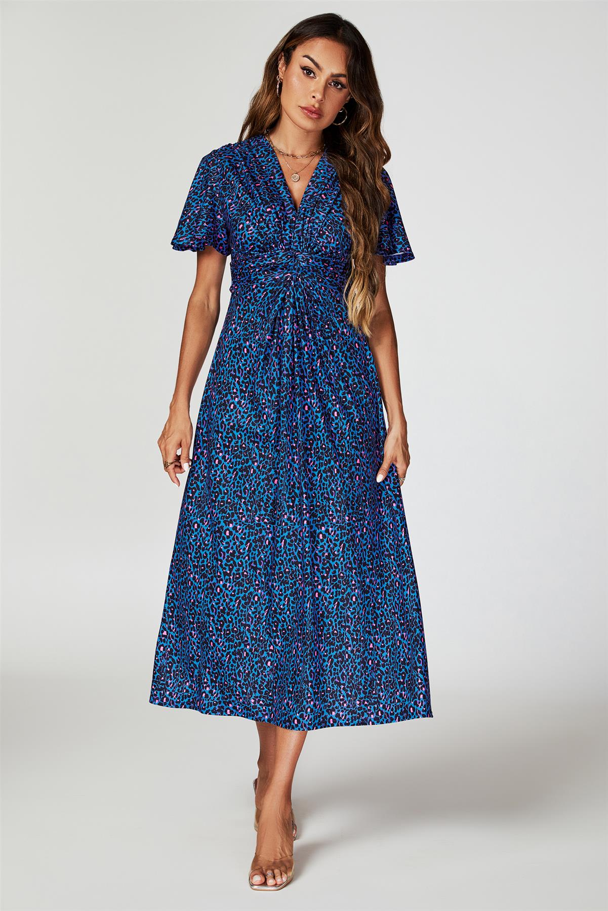 Animal Print Angel Sleeve Twist Midi Dress In Blue - AXON