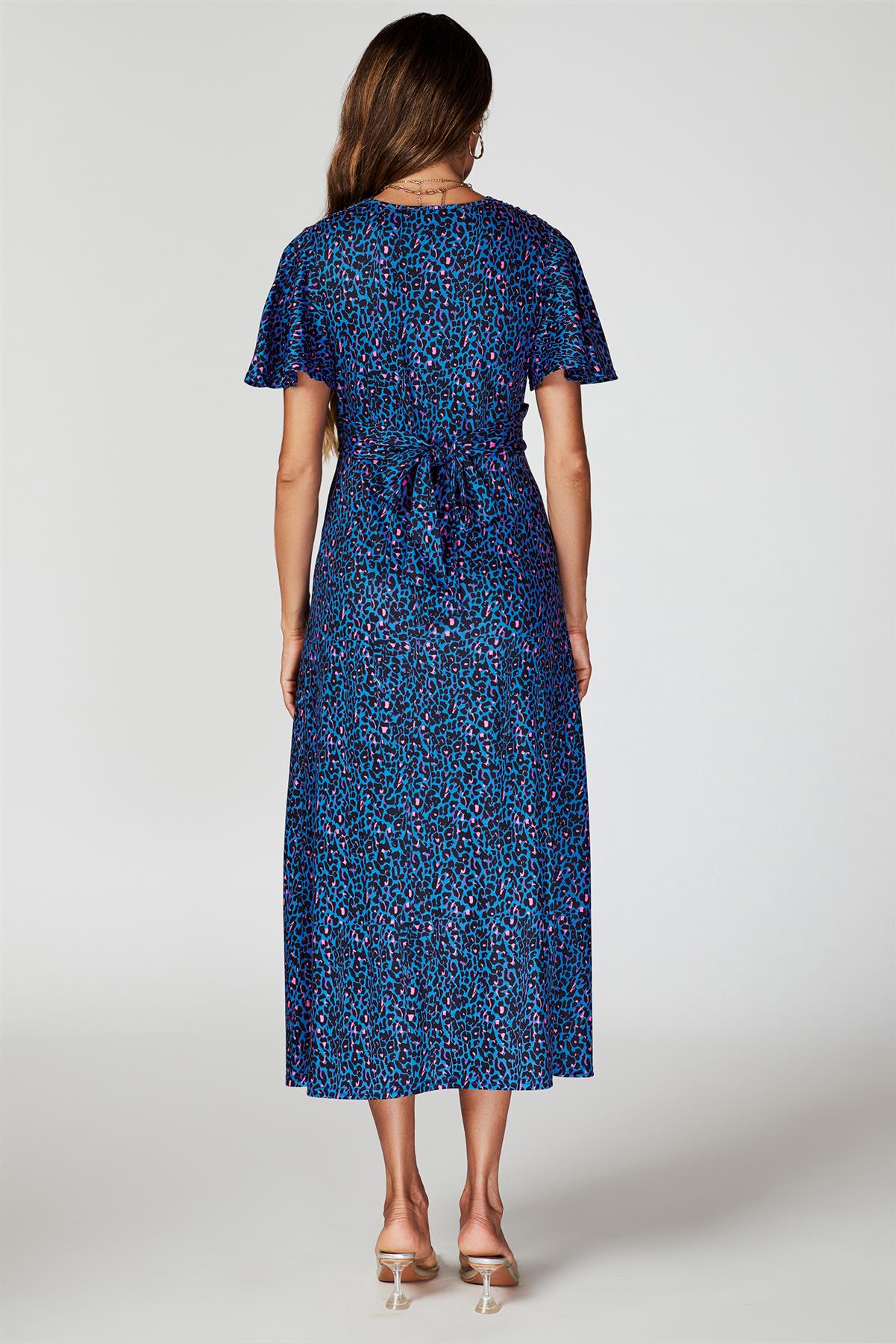 Animal Print Angel Sleeve Twist Midi Dress In Blue - AXON