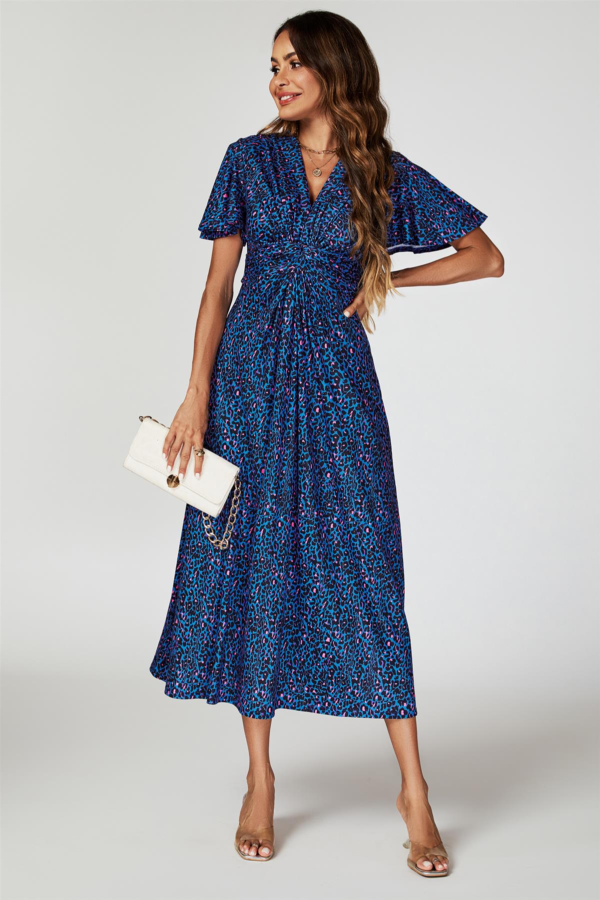 Animal Print Angel Sleeve Twist Midi Dress In Blue - AXON