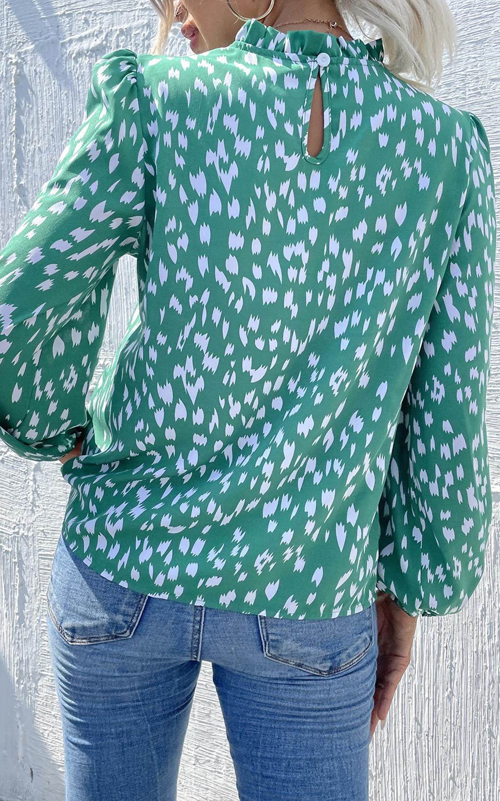 Animal Print Frill Detail High Neck Top In Green - AXON