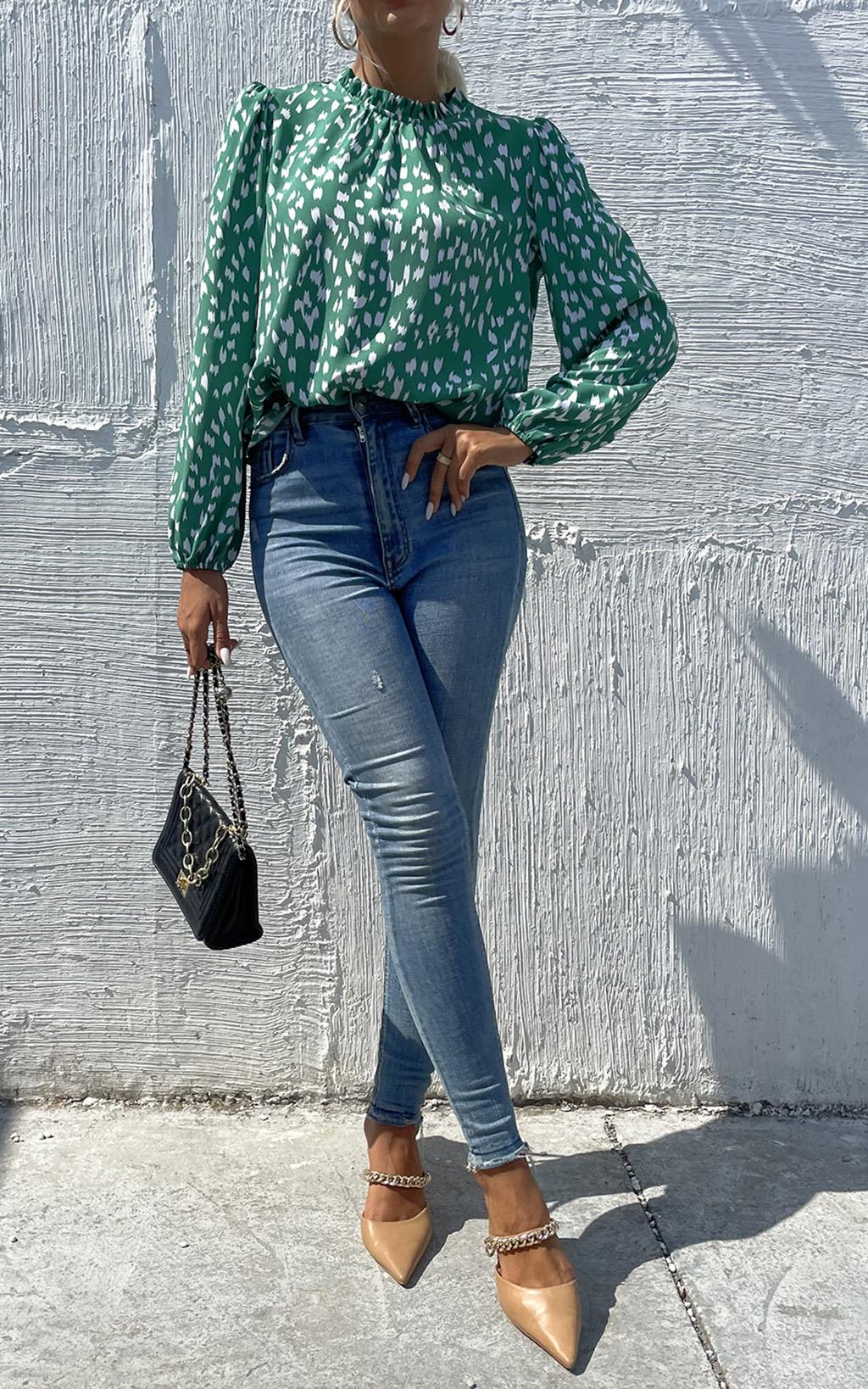 Animal Print Frill Detail High Neck Top In Green - AXON