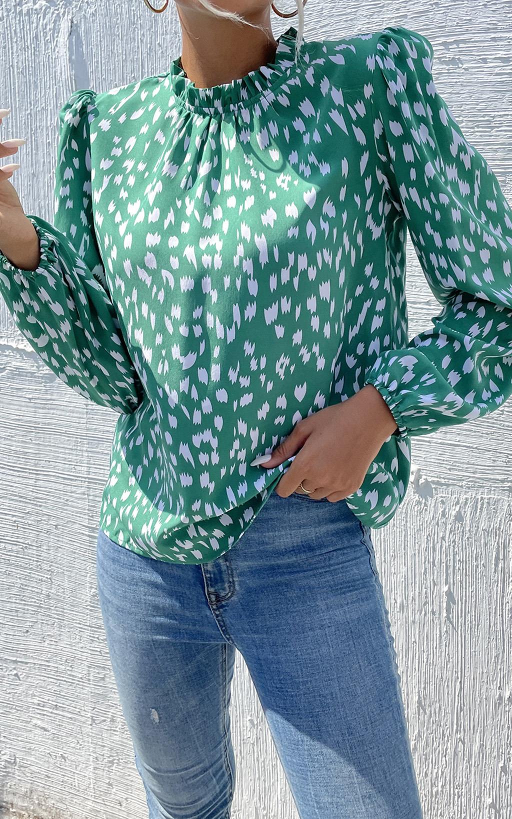 Animal Print Frill Detail High Neck Top In Green - AXON
