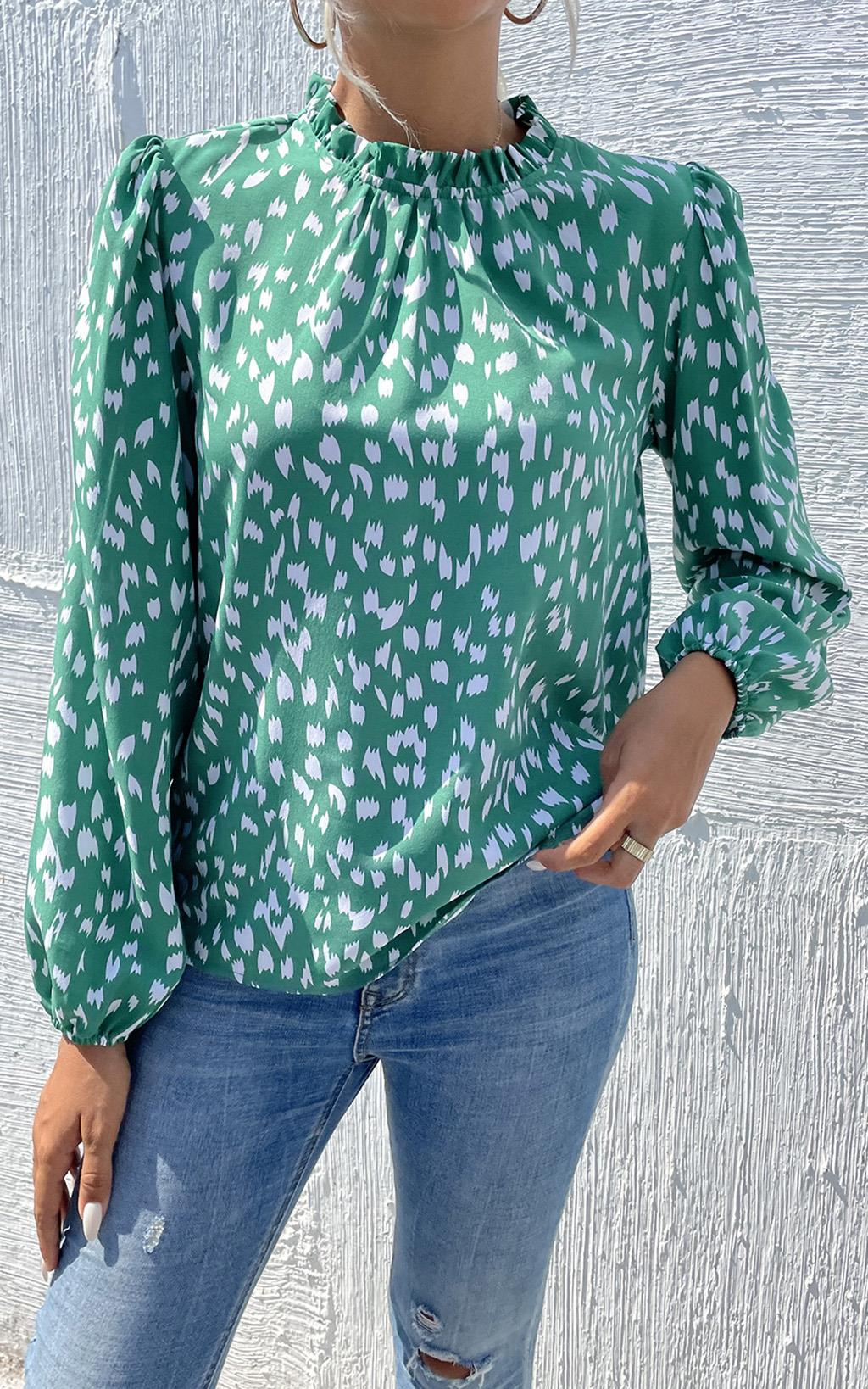 Animal Print Frill Detail High Neck Top In Green - AXON