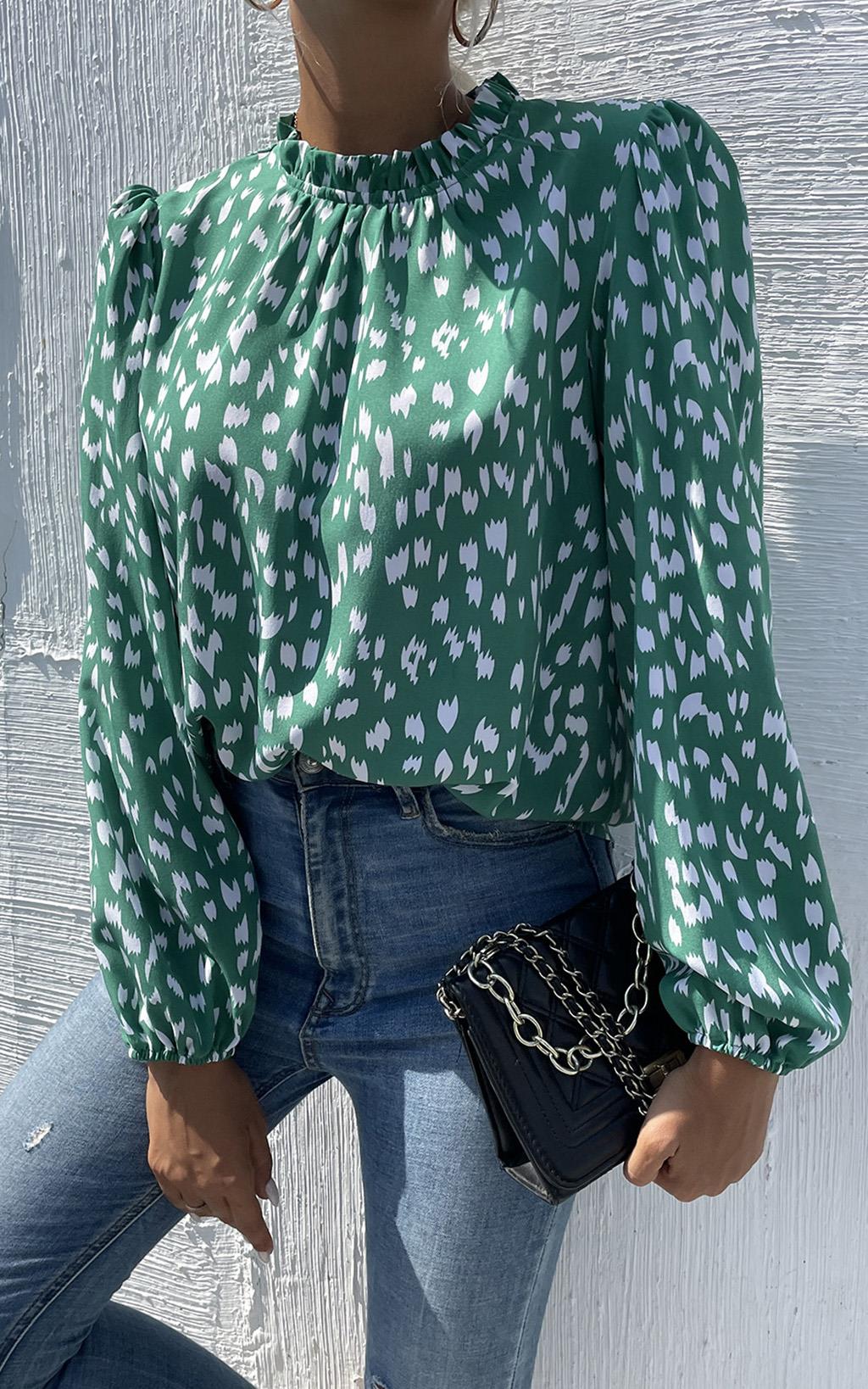 Animal Print Frill Detail High Neck Top In Green - AXON