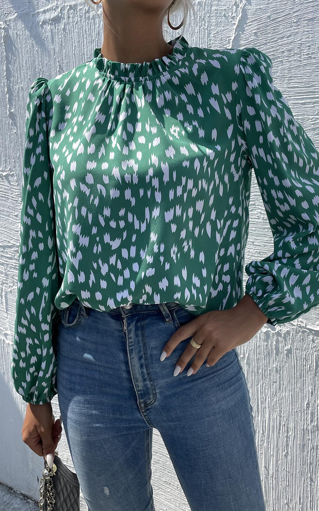 Animal Print Frill Detail High Neck Top In Green - AXON