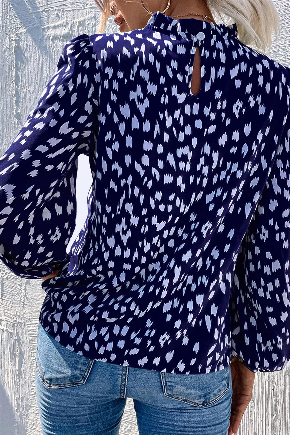 Animal Print Frill Detail High Neck Top In Navy - AXON