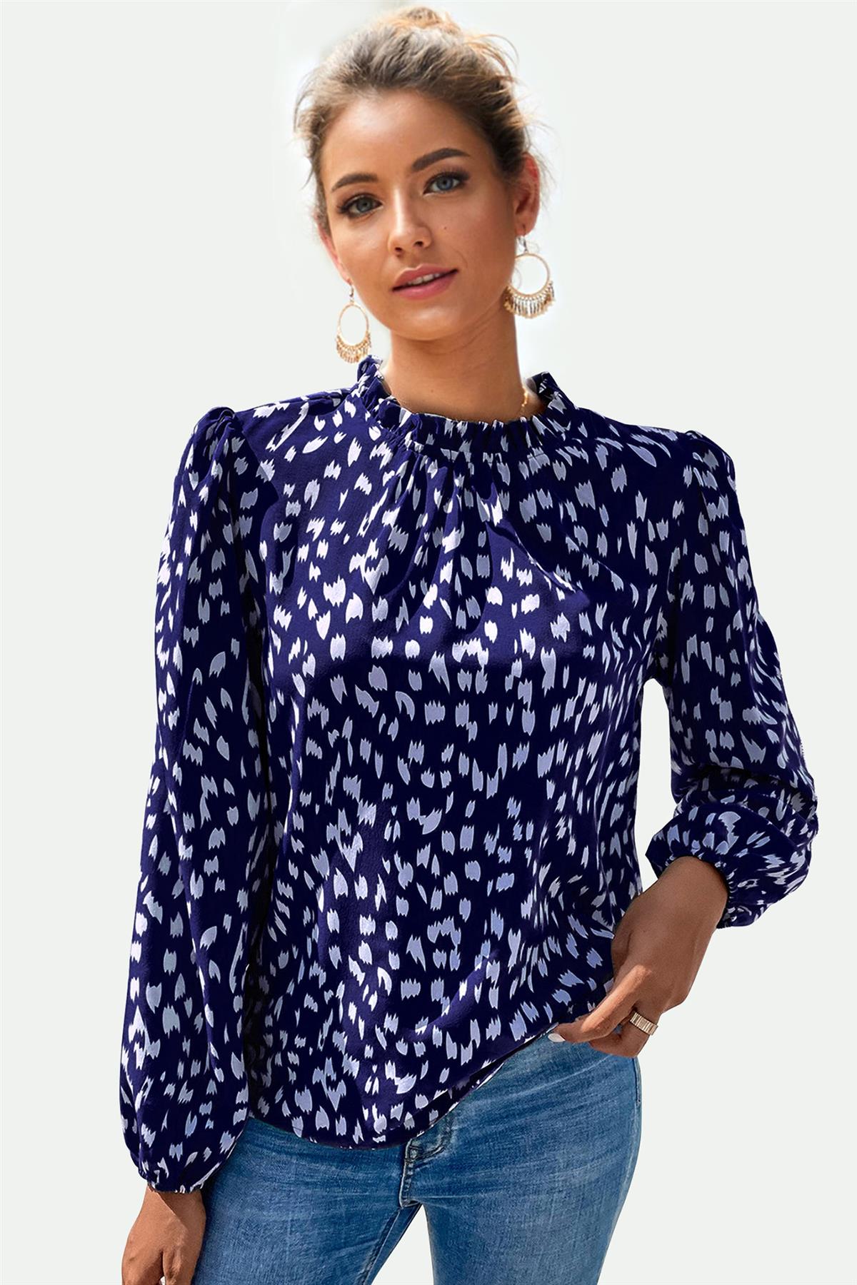 Animal Print Frill Detail High Neck Top In Navy - AXON