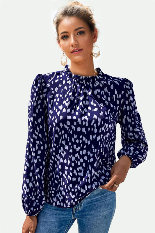 Animal Print Frill Detail High Neck Top In Navy - AXON