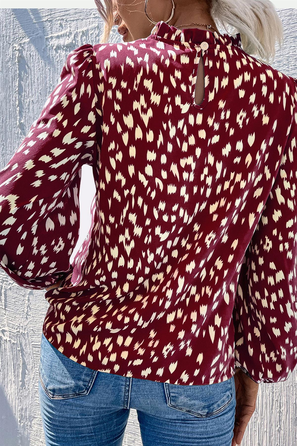 Animal Print Frill Detail High Neck Top In Wine - AXON