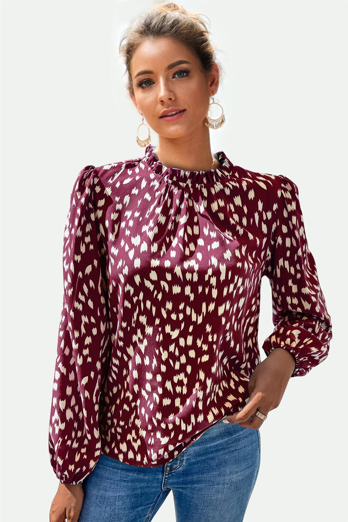 Animal Print Frill Detail High Neck Top In Wine - AXON