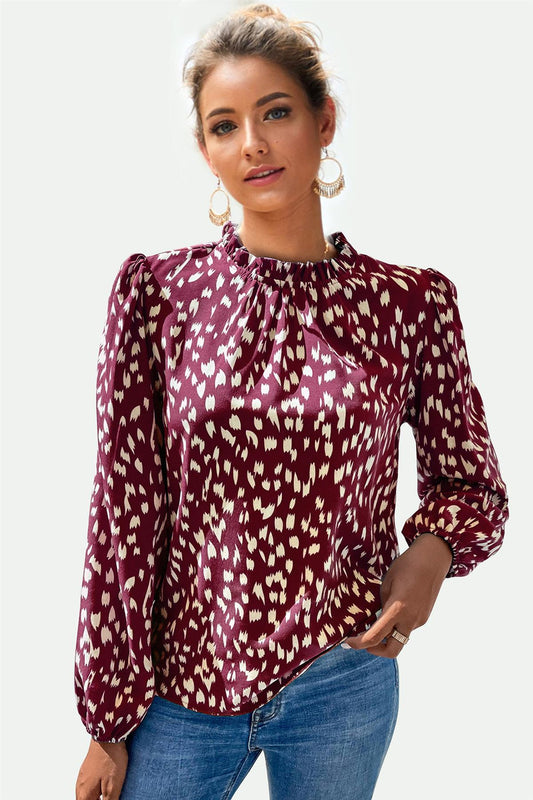 Animal Print Frill Detail High Neck Top In Wine - AXON