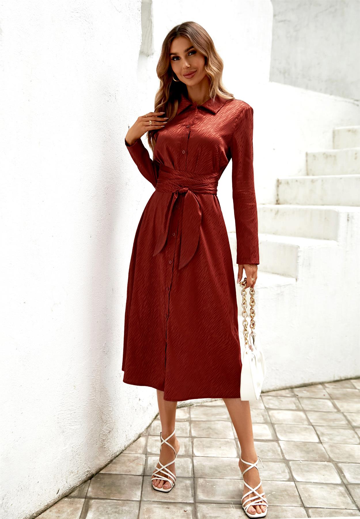 Animal Print Shirt Midi Satin Wrap Dress In Copper Red - AXON