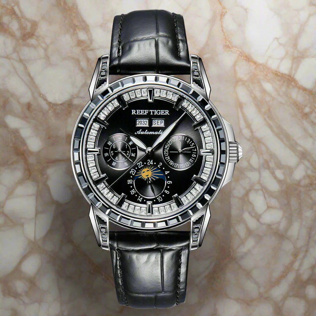 Automatic moonphase  watch by reef tiger diamonds bezel blue dial