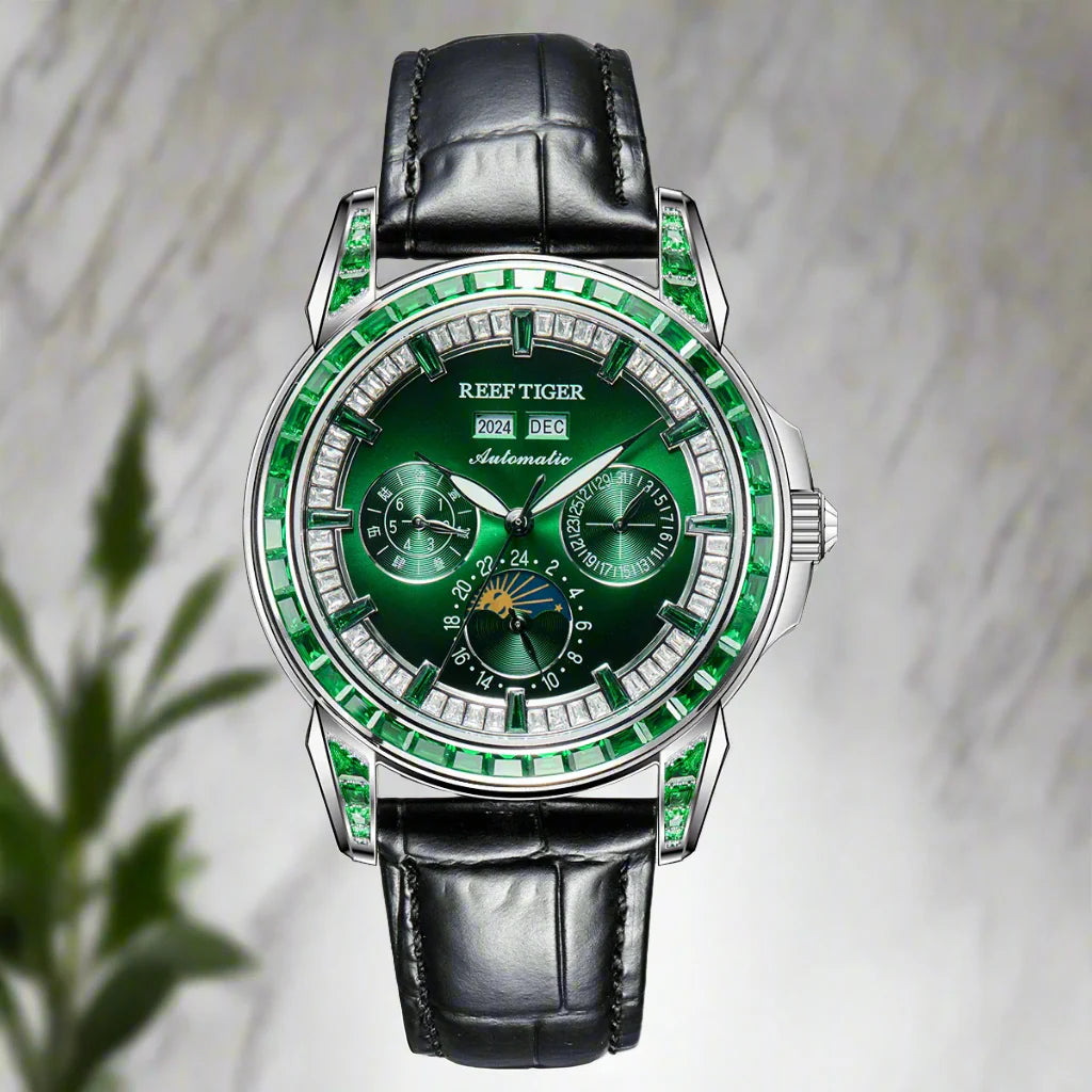 Automatic moonphase  watch by reef tiger diamonds bezel blue dial