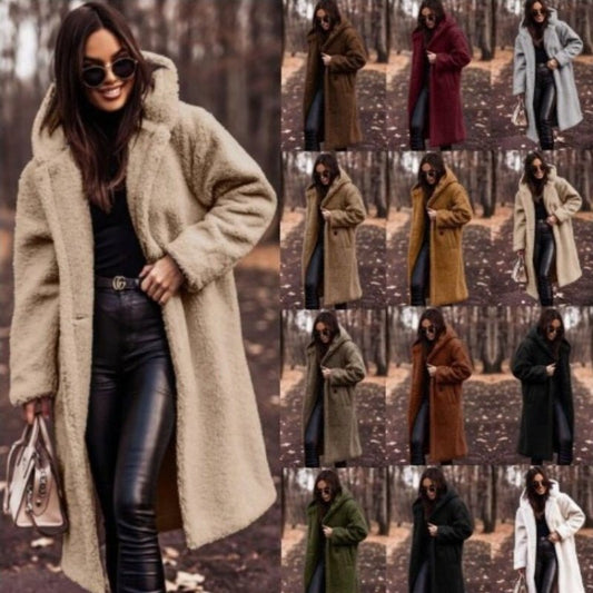 Autumn Winter Fashion Elegant Long Coat Woman Plush Warm Faux Fleece Coat Women Teddy Jacket Female Teddy Coat Outwear Ladies - AXON