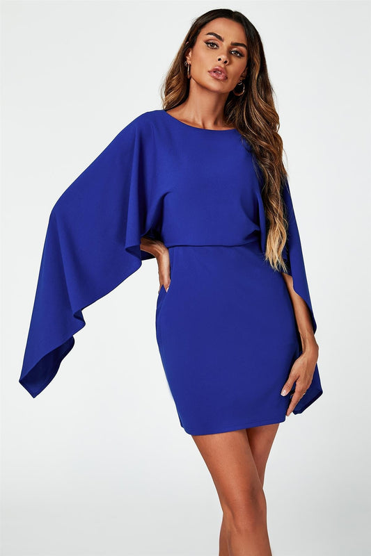 Back Detail Mini Dress With Cape In Blue - AXON