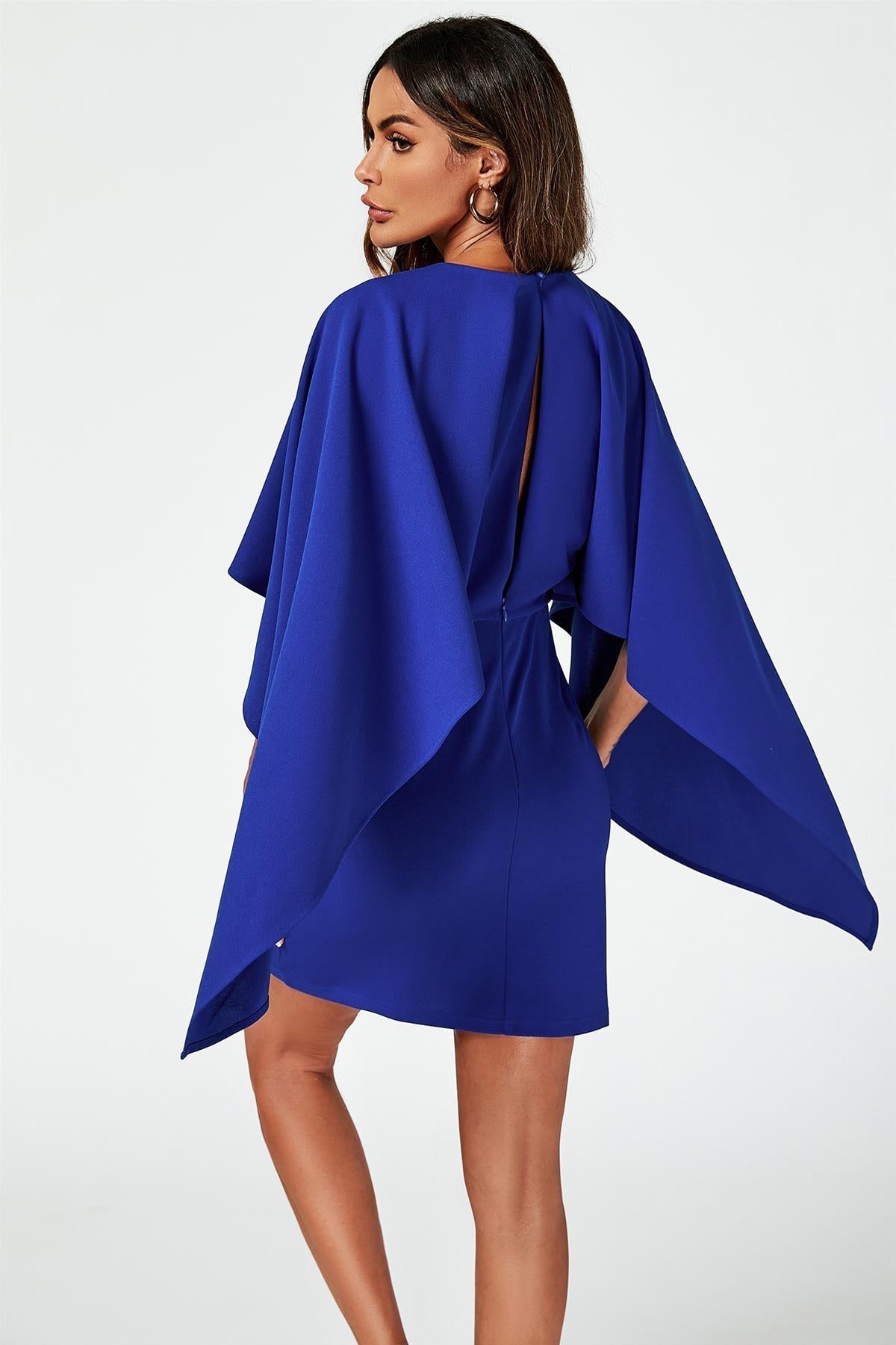 Back Detail Mini Dress With Cape In Blue - AXON