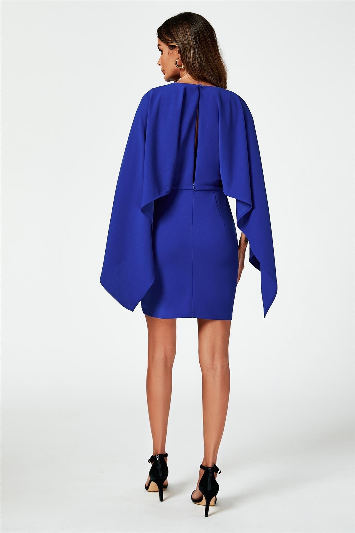 Back Detail Mini Dress With Cape In Blue - AXON