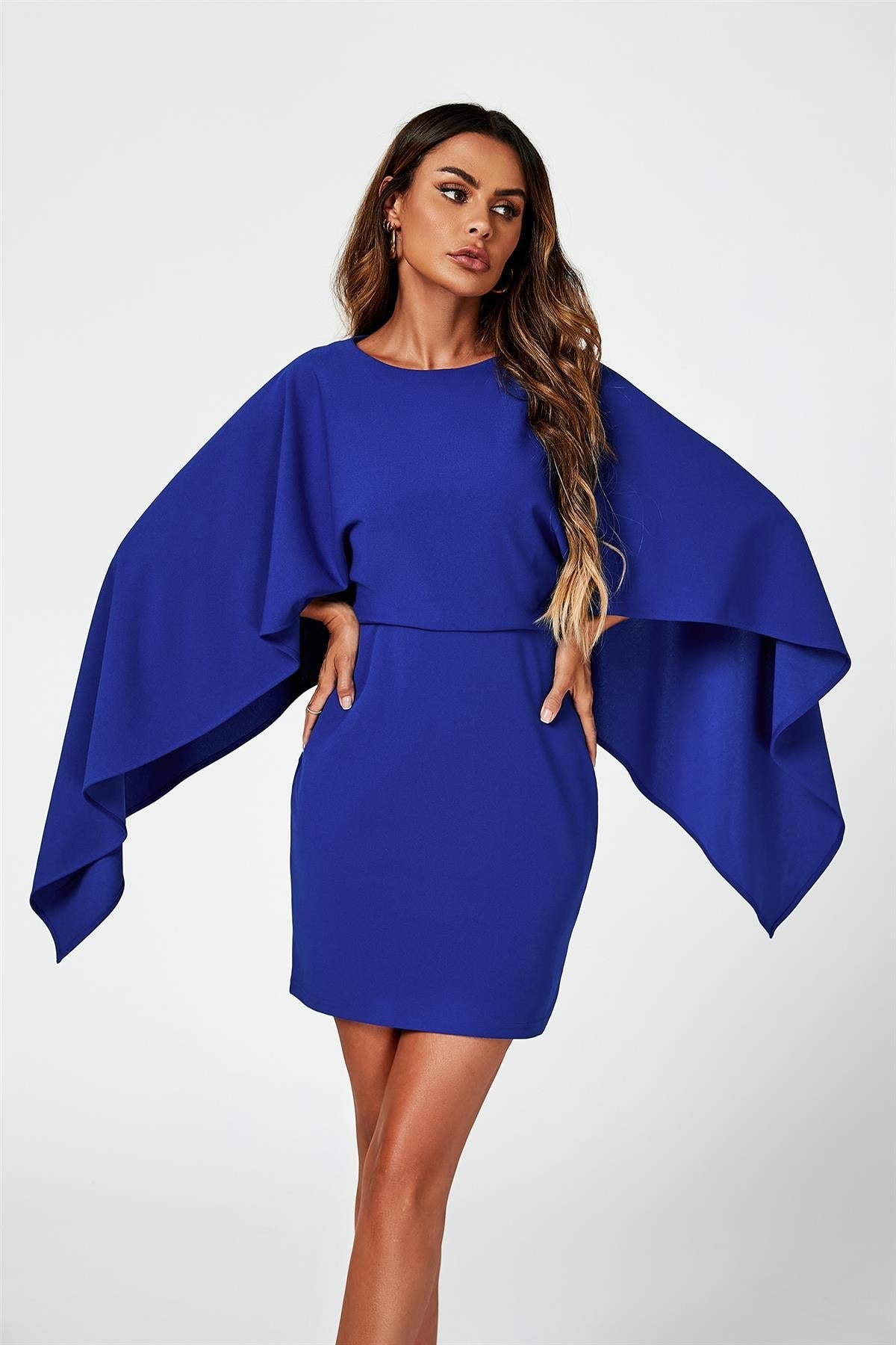 Back Detail Mini Dress With Cape In Blue - AXON