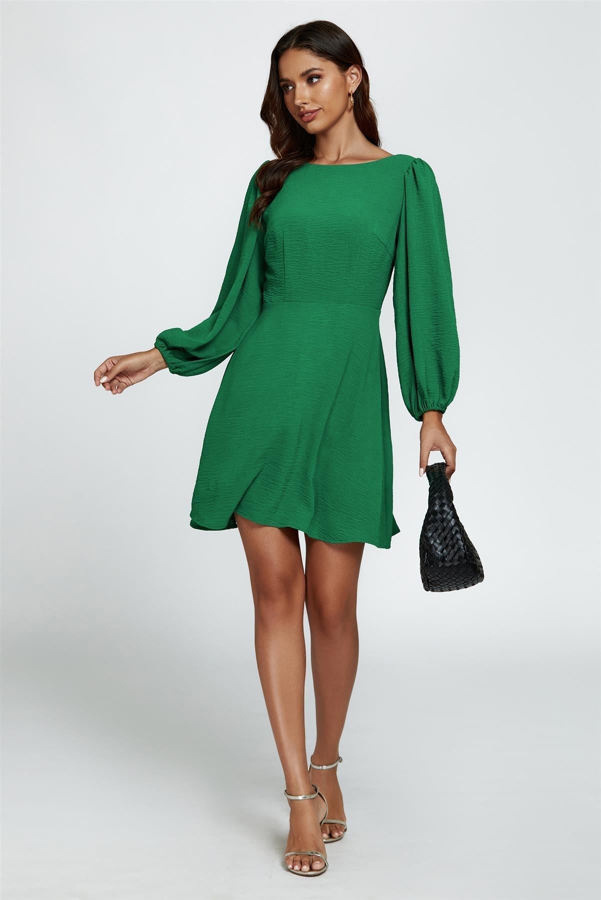 Back V Neck Mini Dress In Green - AXON