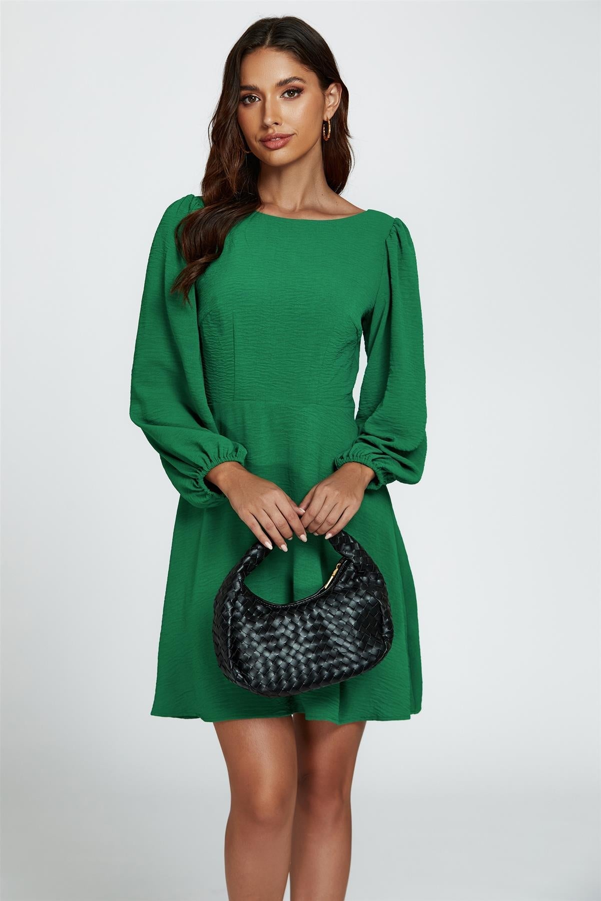 Back V Neck Mini Dress In Green - AXON