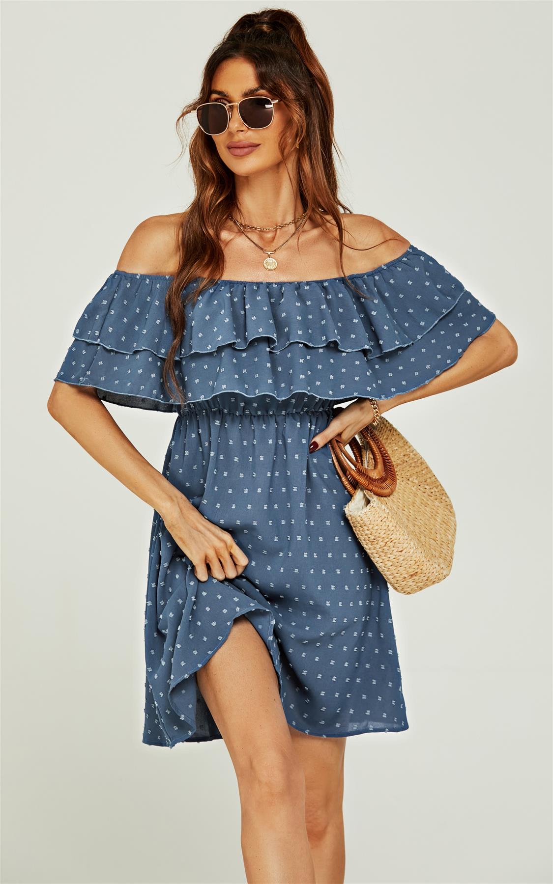 Bardot Frill Mini Dress In Blue - AXON