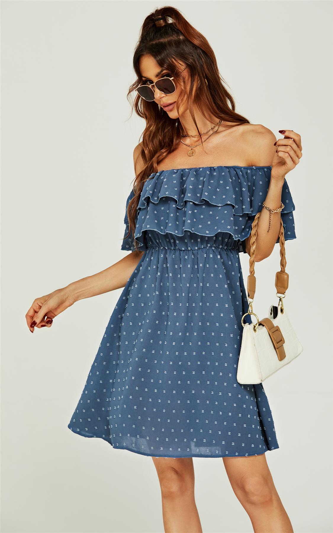 Bardot Frill Mini Dress In Blue - AXON
