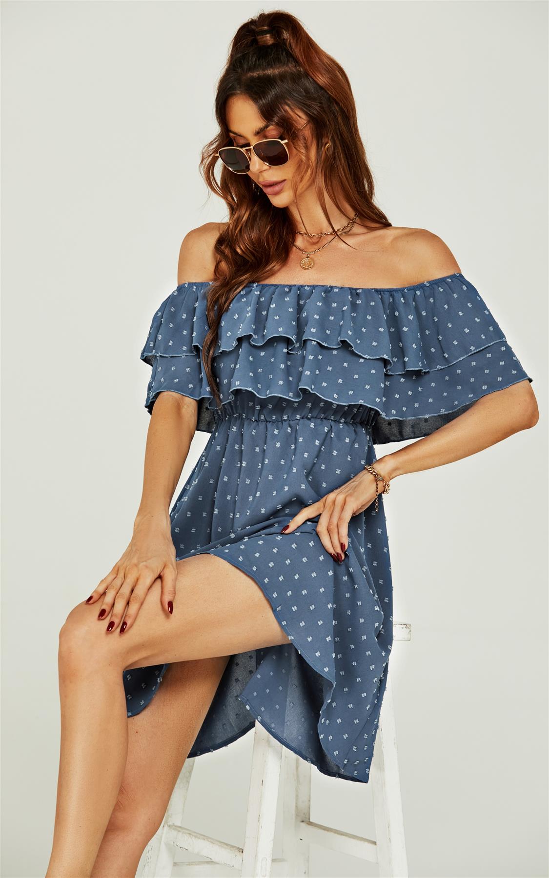 Bardot Frill Mini Dress In Blue - AXON