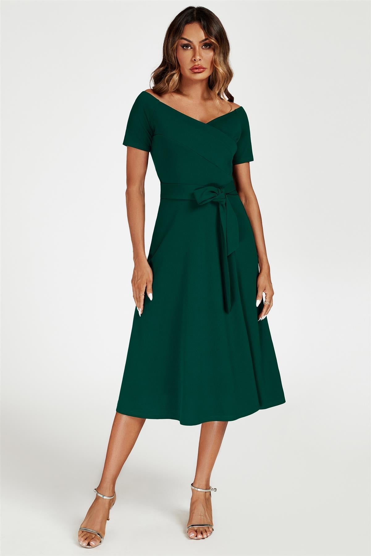 Bardot Midi Dress In Green - AXON