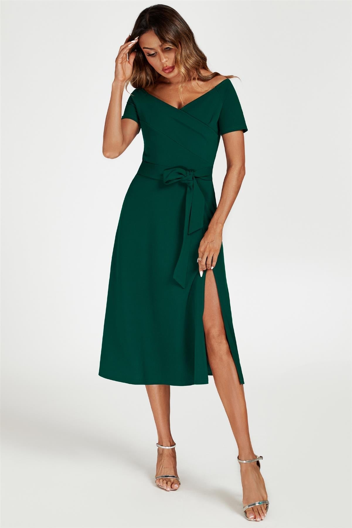 Bardot Midi Dress In Green - AXON