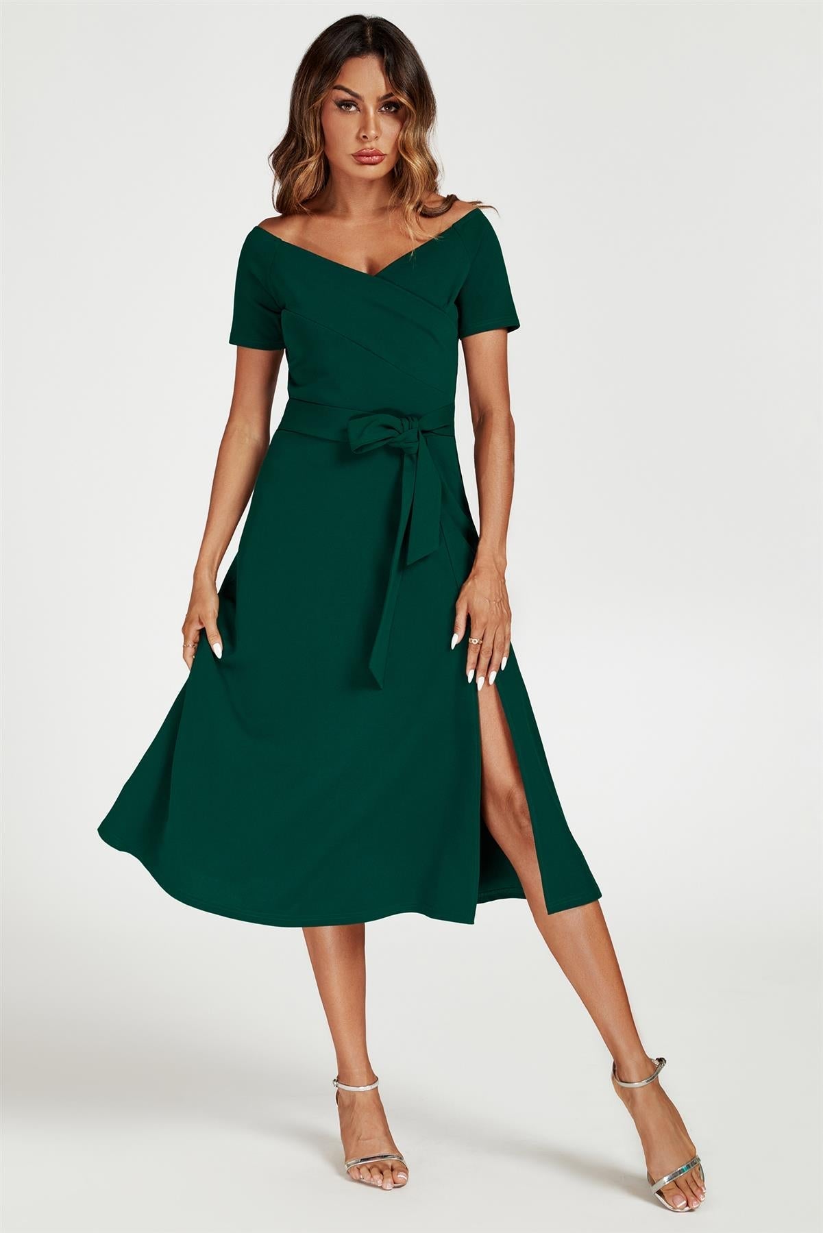 Bardot Midi Dress In Green - AXON