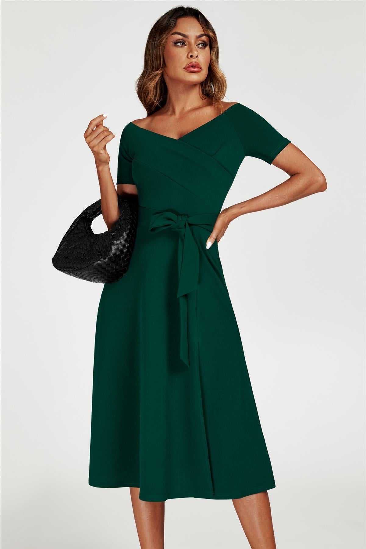 Bardot Midi Dress In Green - AXON