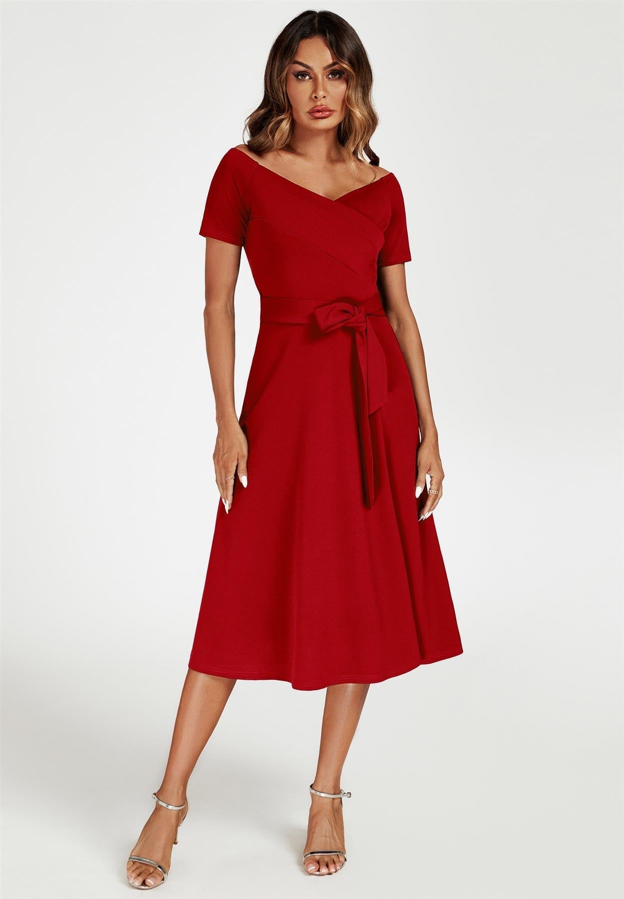 Bardot Midi Dress In Red - AXON