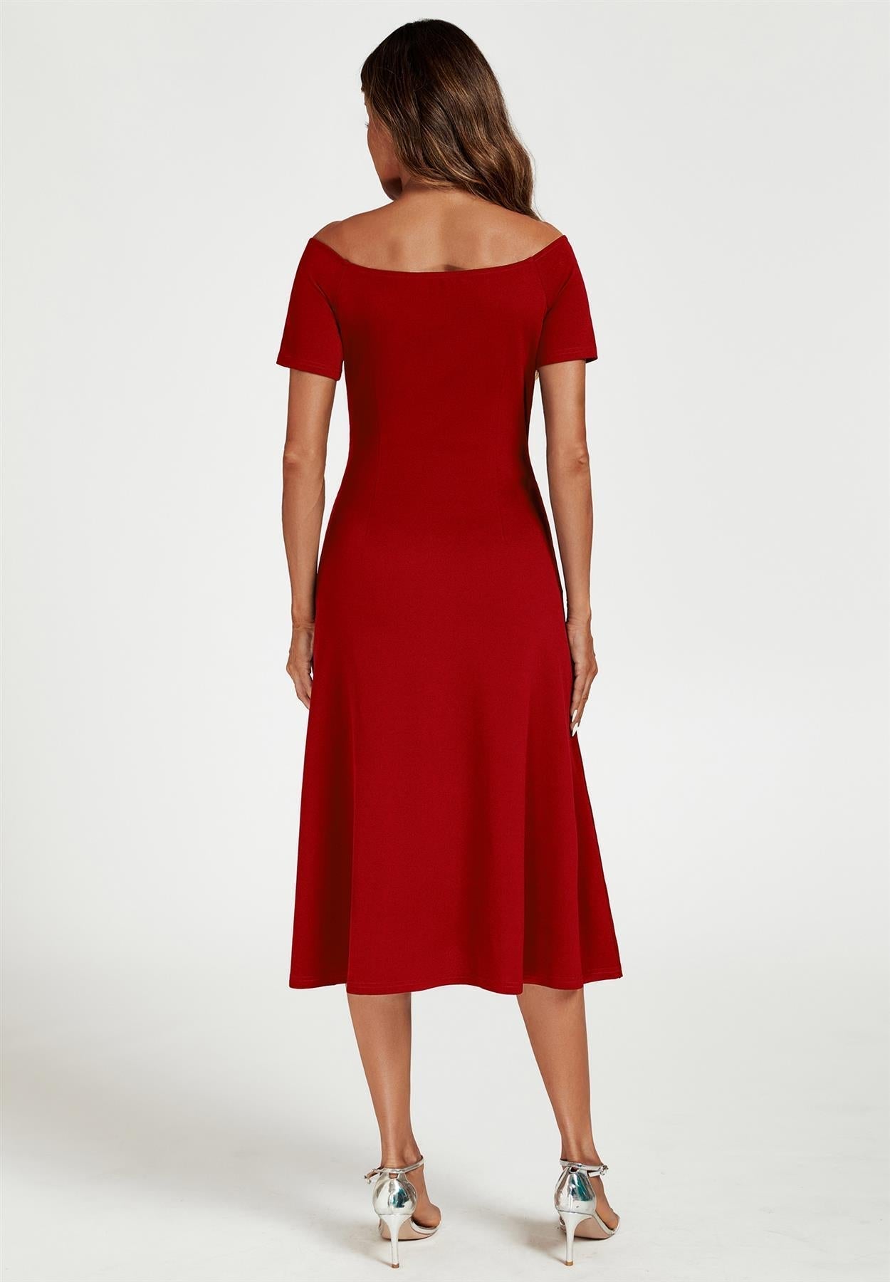 Bardot Midi Dress In Red - AXON