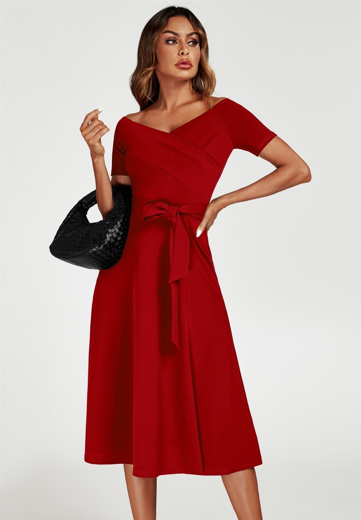 Bardot Midi Dress In Red - AXON