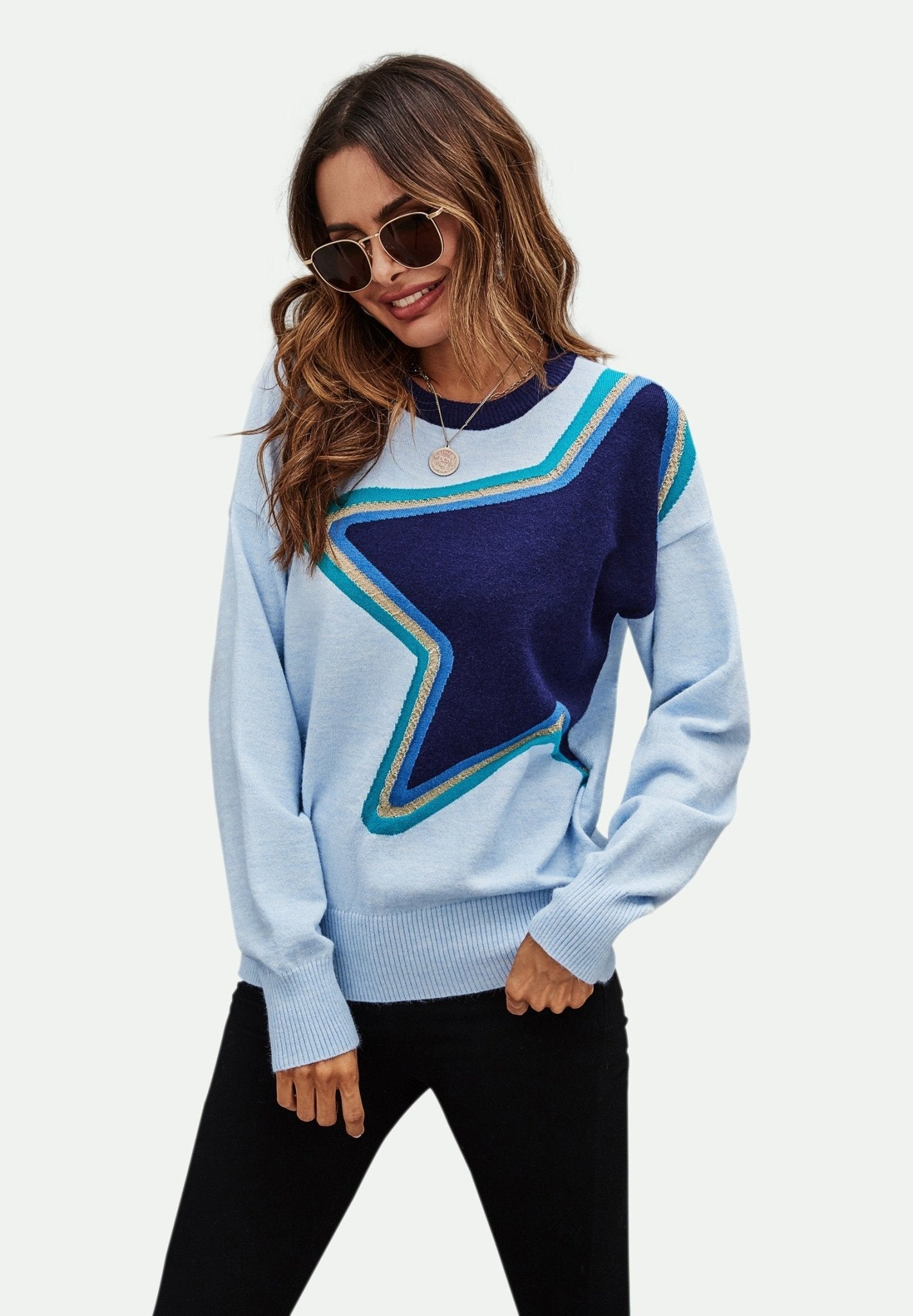 Big Star Pattern Knitted Long Sleeve Jumper In Blue - AXON