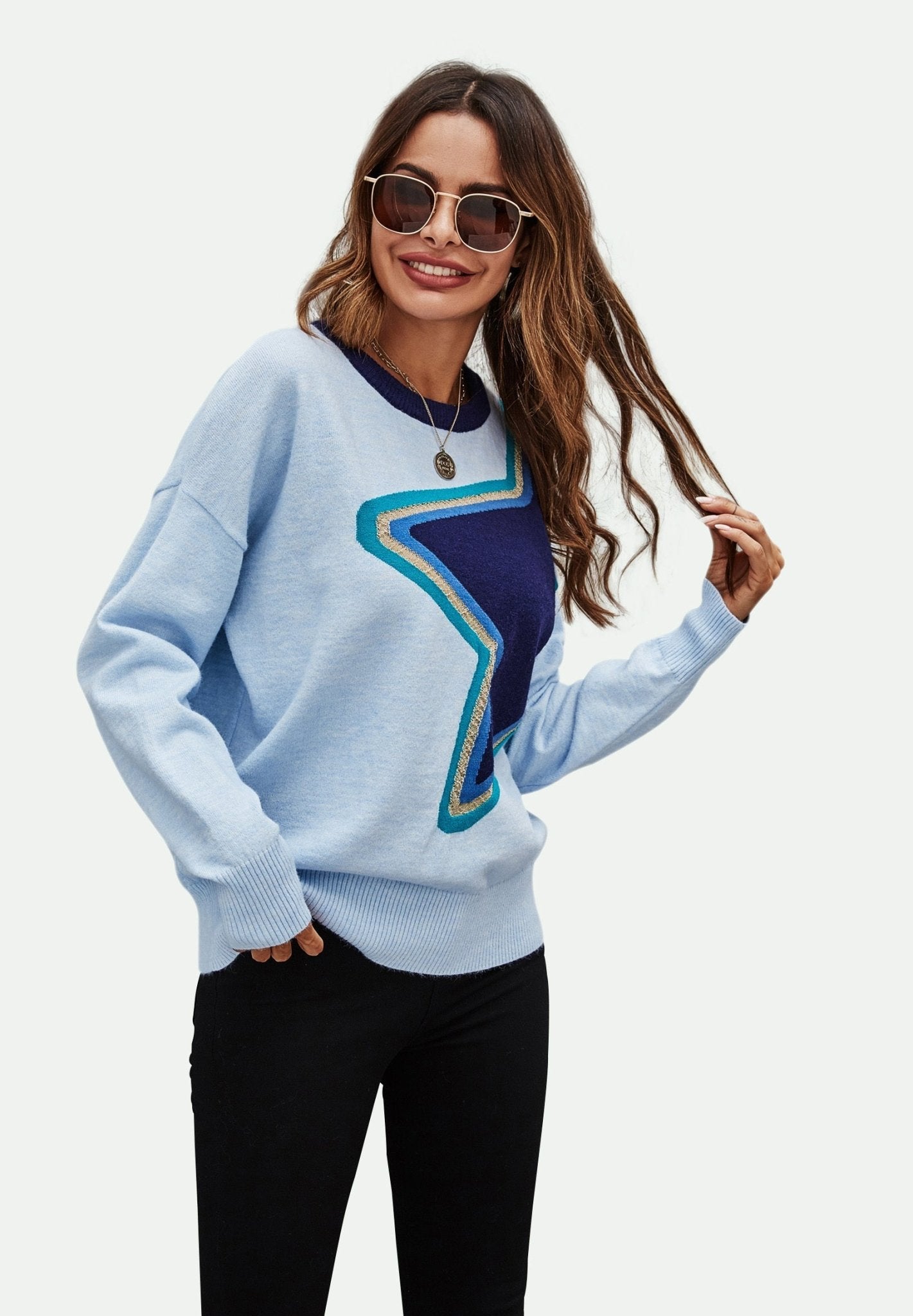 Big Star Pattern Knitted Long Sleeve Jumper In Blue - AXON