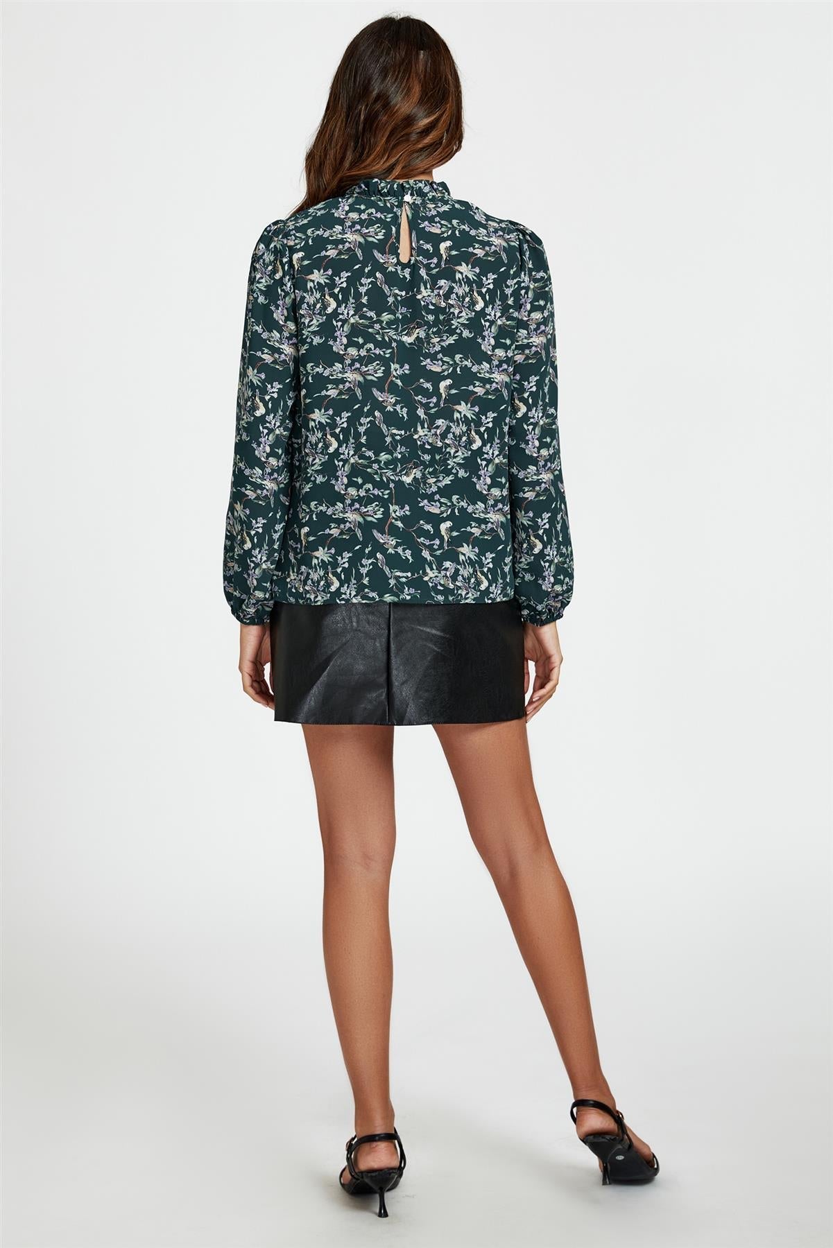 Bird & Floral Print Frill Detail High Neck Top In Green - AXON