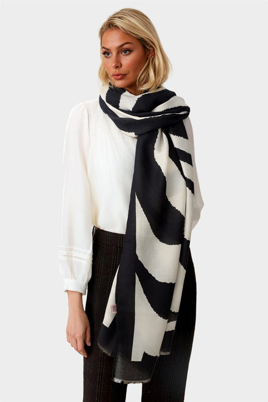 Black Abstract Print Fringed edges Scarf In Beige - AXON