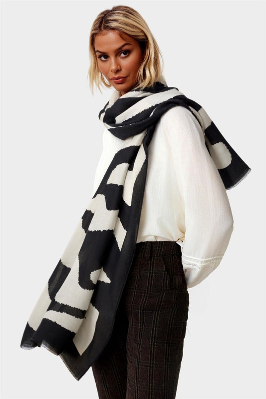 Black Abstract Print Fringed edges Scarf In Beige - AXON