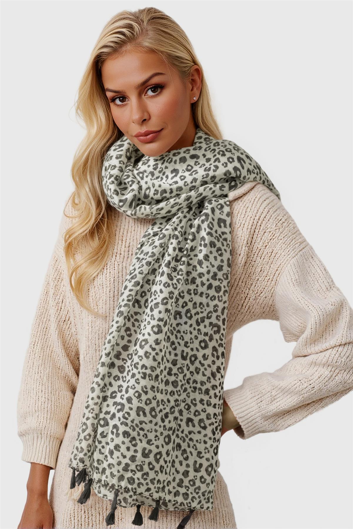 Black Leopard Print Tassel Scarf In White - AXON