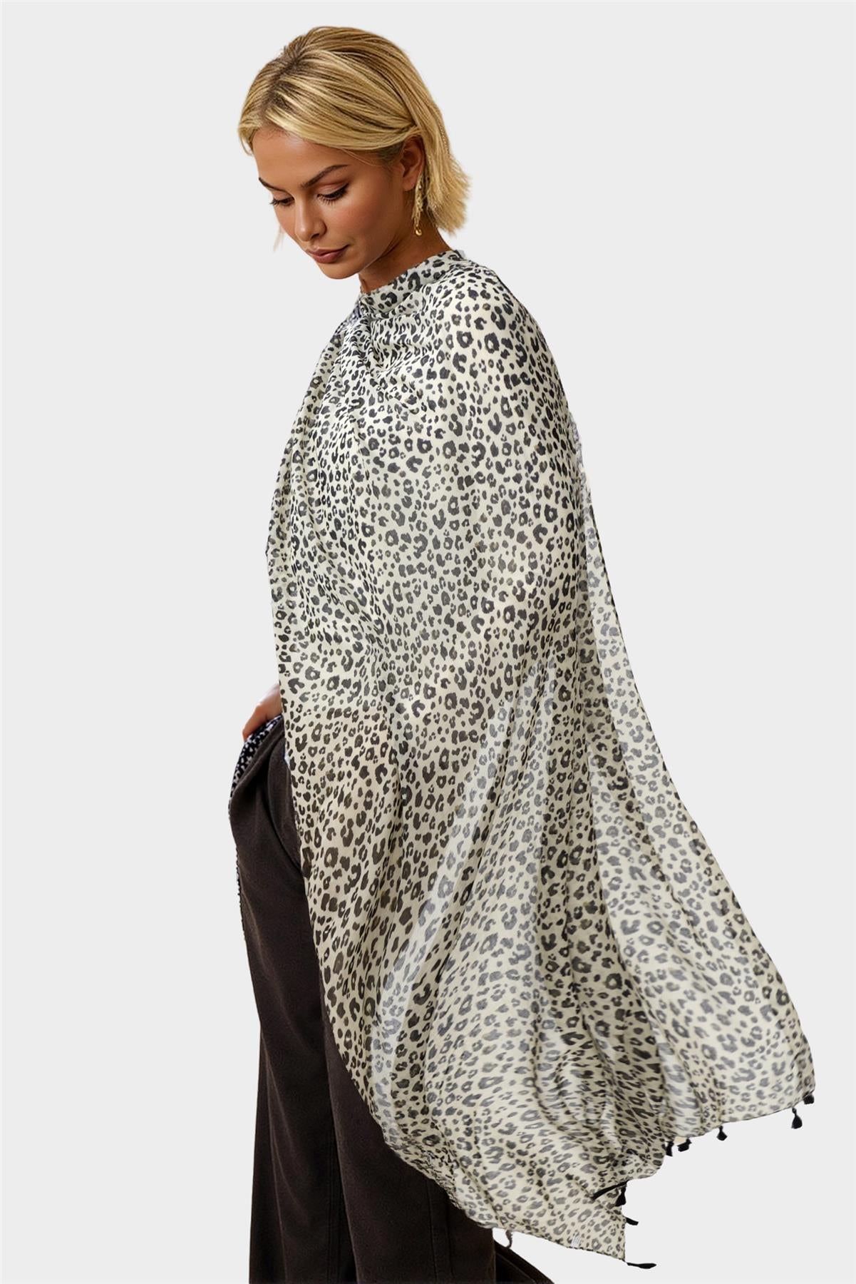 Black Leopard Print Tassel Scarf In White - AXON