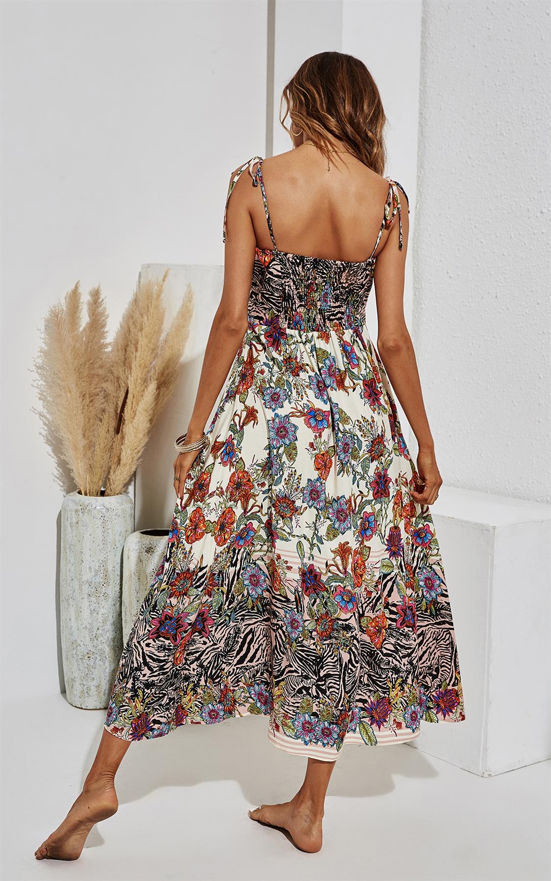 Black Zebra & Floral Print Tie On Shoulder Strappy Midi Dress In White - AXON