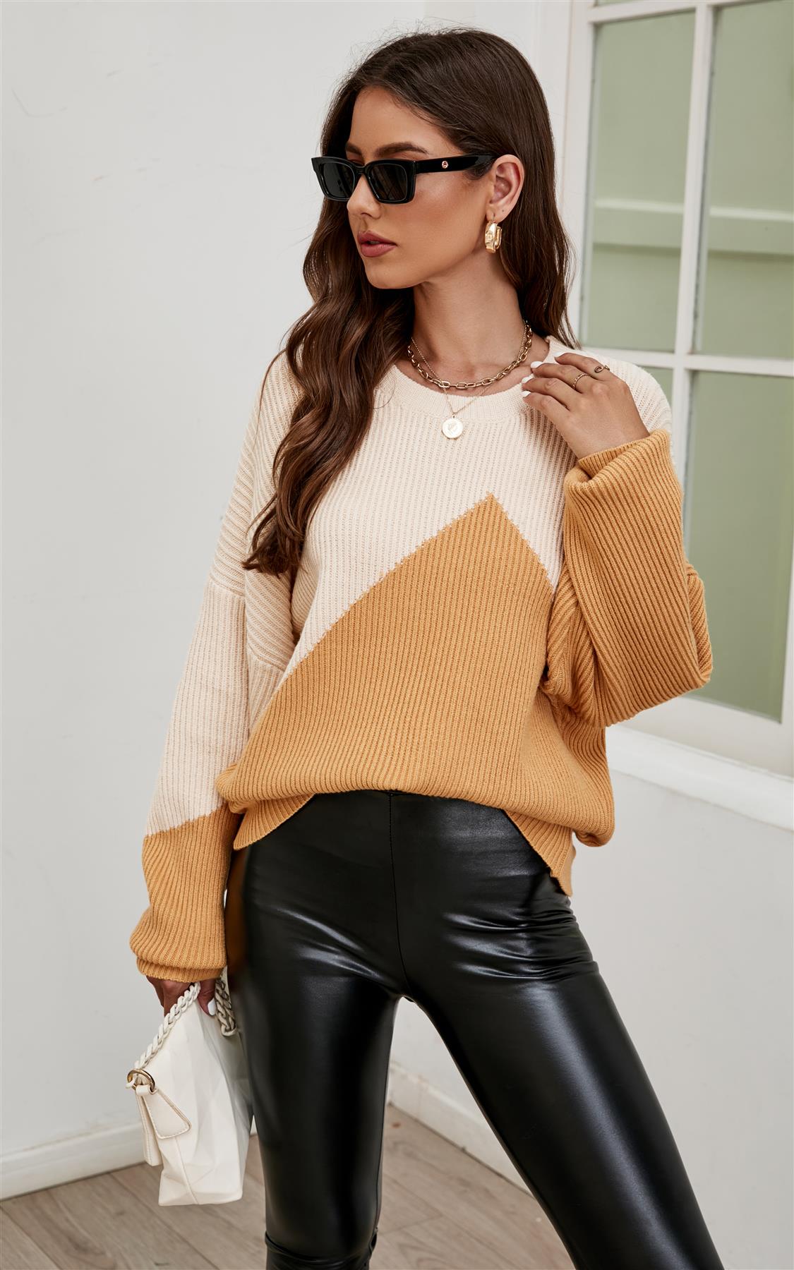 Block Colour Relaxed Knit Jumper Top In Beige & Camel - AXON