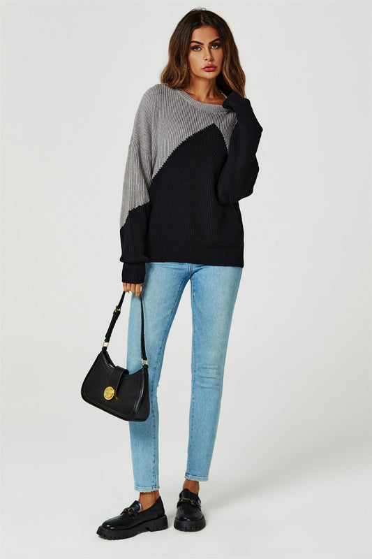 Block Colour Relaxed Knit Jumper Top In Grey & Black - AXON