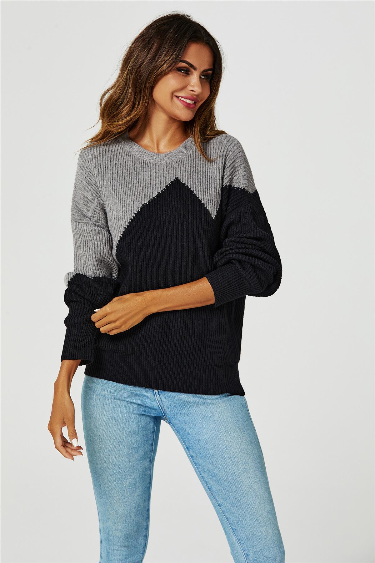 Block Colour Relaxed Knit Jumper Top In Grey & Black - AXON