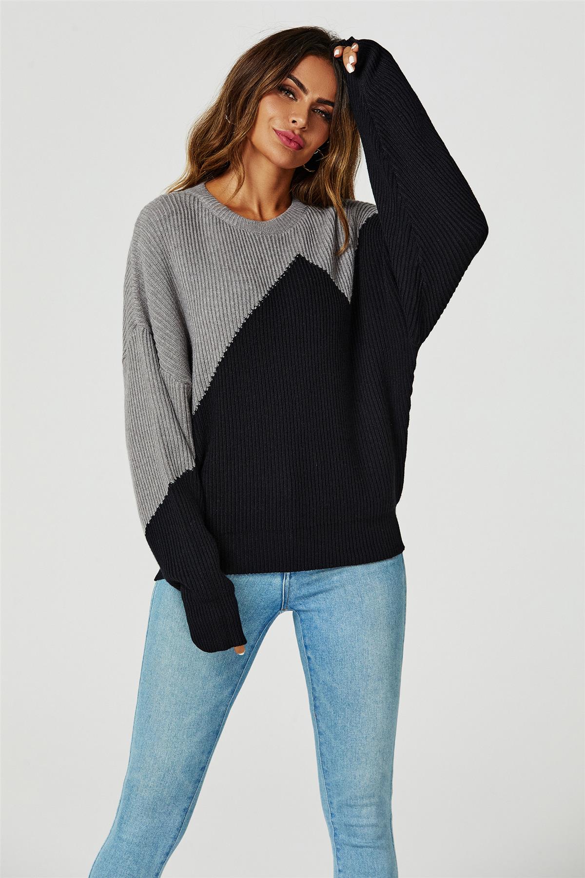 Block Colour Relaxed Knit Jumper Top In Grey & Black - AXON