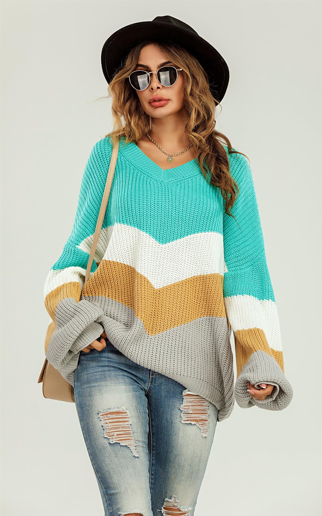 Blue & Grey Colour Block Jumper White & Golden Striped Long Sleeve Top - AXON